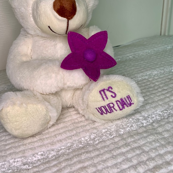 Bear Plush with Flower - White - It's Your Day - 8" - Picture 3 of 6
